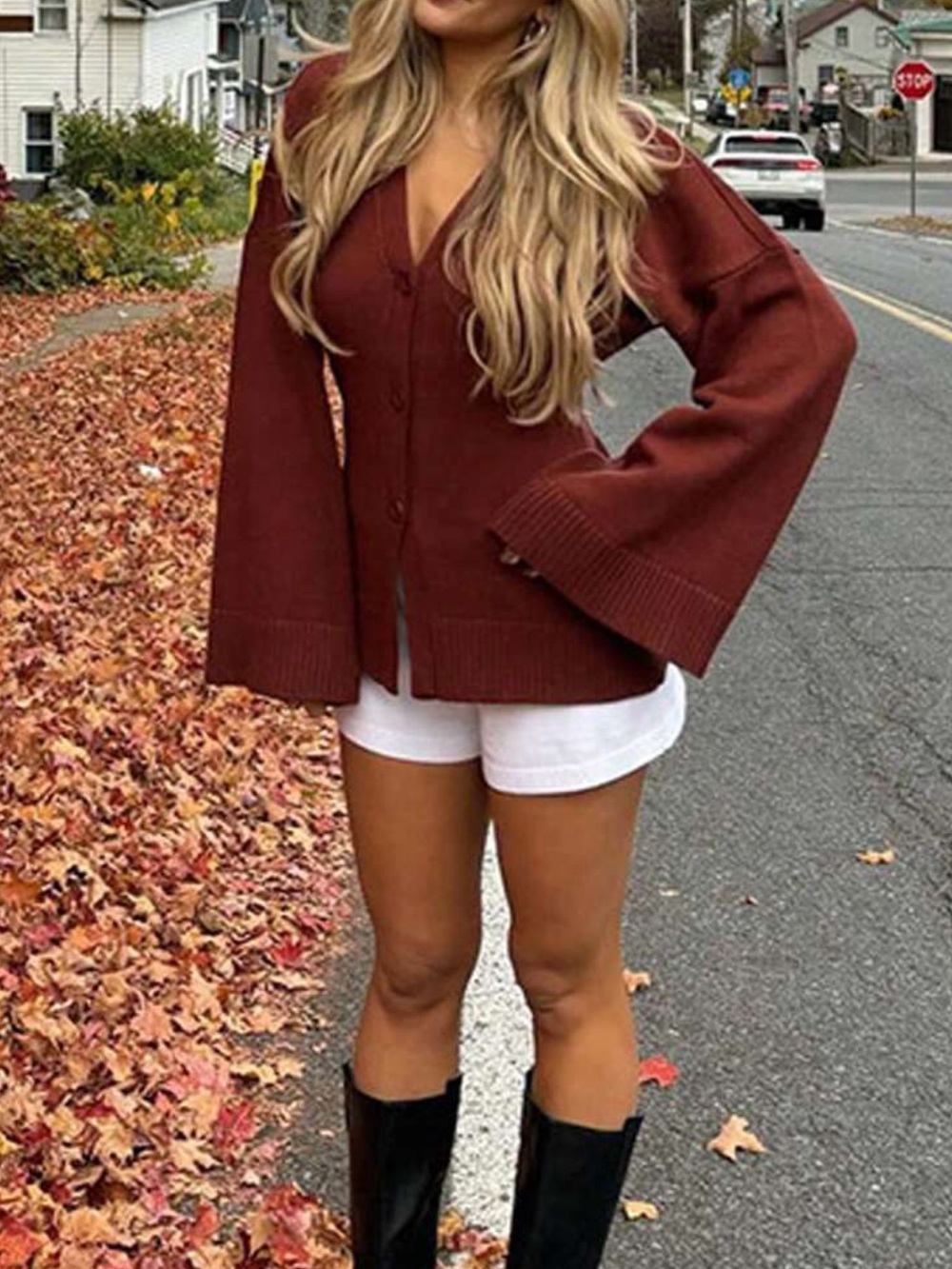 INAWLY Women's Solid Color Drop Shoulder Long Sleeve Single-Breasted Sweater